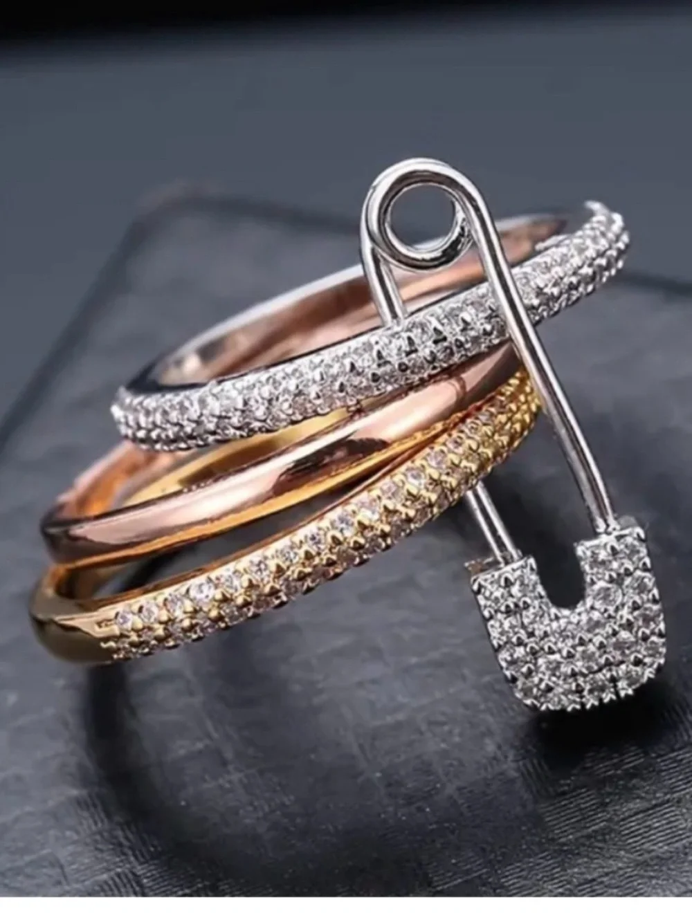 Tricolor CZ Safety Pin Ring - Rose Gold, Gold & Silver - Picture 4 of 6